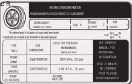 TIRE AND LOADING INFORMATION PENSIGNEMENTS SURFLEX PINEUR ET LE O'ANCOMENT SEEDING CARRY NOMBRE DE PLACES TOTAL 9 FRONT AVANT 2 EAR MANUE 3 The combined weight of occupants and cargo should never exceed 410 Kg / WOR 8h. Le point total does occupants of the charges not be paid per person TIRE PNEU SIZE DIMENSIONS COLD TIRE PRESSURE PRESSION DES PNEUS À FROD SEE OWNERS MANUAL FOR ADDITIONAL INFORMATION VOR LE MANUEL DE L'USAGER POUR PLUS DE REARRÉIGNEMENTS FRONT AVANT 265/50R20 230 kPa, 13 psi EAR MARIÈRE 265/50R20 210 kPa, 16 psi SPARE DE BISOURS NONE! AUCUM