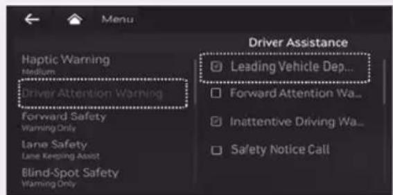 Haptic Warning Medium Driver Attention Warning Forward Safety Warning Only Lane Safety Lane Keeping Assist Blind-Spot Safety Warning Only Driver Assistance Leading Vehicle Dep... Forward Attention Wa... Inattentive Driving Wa... Safety Notice Call