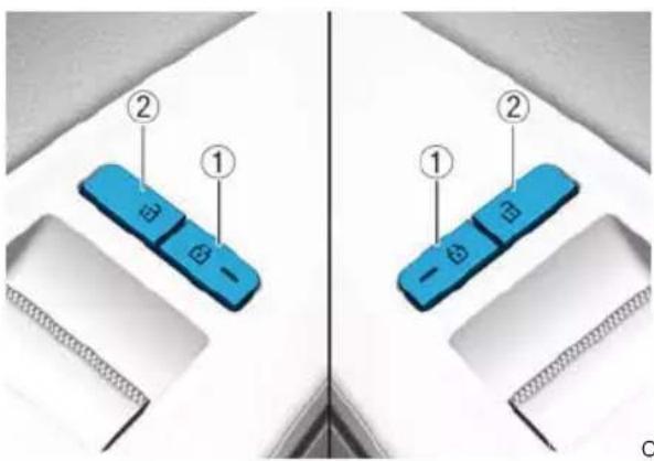 Diagram showing two blue buttons labeled ① and ② on a device panel, with arrows pointing to each button.
