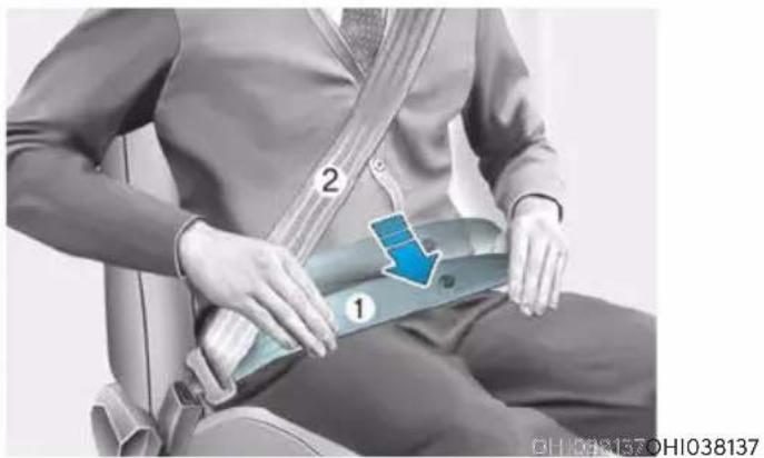 Medical illustration showing a person seated in a car seat with labeled parts and a blue arrow indicating a specific area.