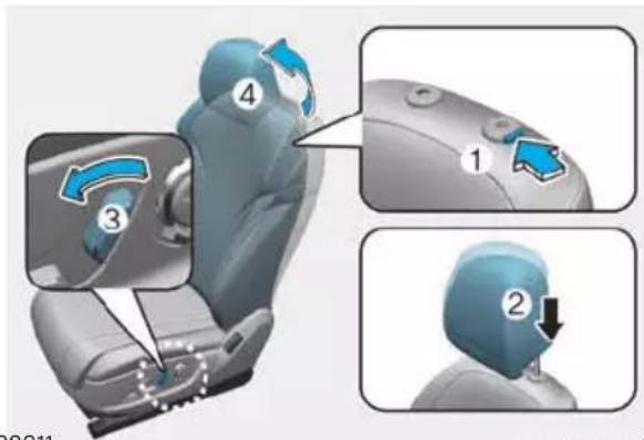 Diagram showing car seatbelt adjustment steps with numbered instructions and blue arrows indicating rotation or movement.