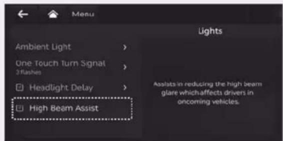 Menu Ambient Light > One Touch Turn Signal 2 flashes > Headlight Delay > High Beam Assist Lights Assists in reducing the high beam glare which affects drivers in oncoming vehicles.