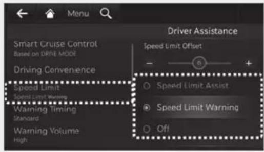Menu Driver Assistance Smart Cruise Control Based on DRIVE MODE Driving Convenience Speed Limit Speed Limit Warning Warning Timing Standard Warning Volume High Speed Limit Offset - + Speed Limit Assist Speed Limit Warning Off
