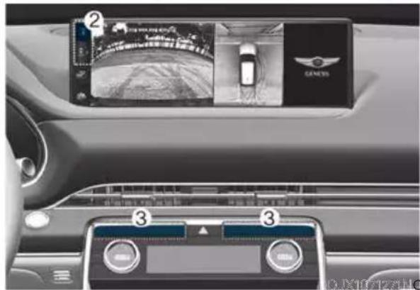 Interior view of a car dashboard with digital display showing a vehicle image and control panel, labeled with numbers ②, ③, and ③.
