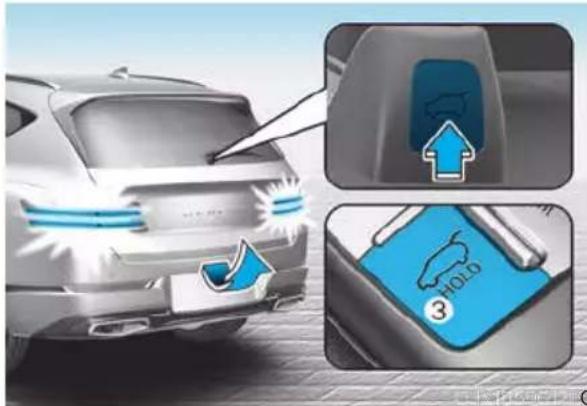 Diagram illustrating car rear bumper and safety features with labeled parts including 'HOLD' and directional arrows