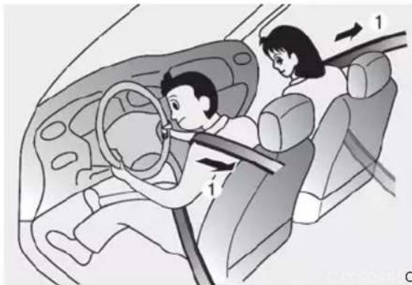 Diagram illustrating car safety instructions with a person and a woman inside a vehicle, showing directional arrows labeled 1 and 2.