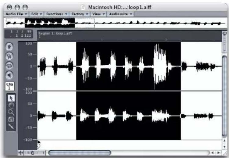 Macintosh HD:...:loop1.aiff Audio File Edit Functions Factory View Auditorsize 1 1 1 99 - 1 2 822 Region 1: loop1.aiff 100 50 0 -50 -100 100 50 0 -50 -100 100