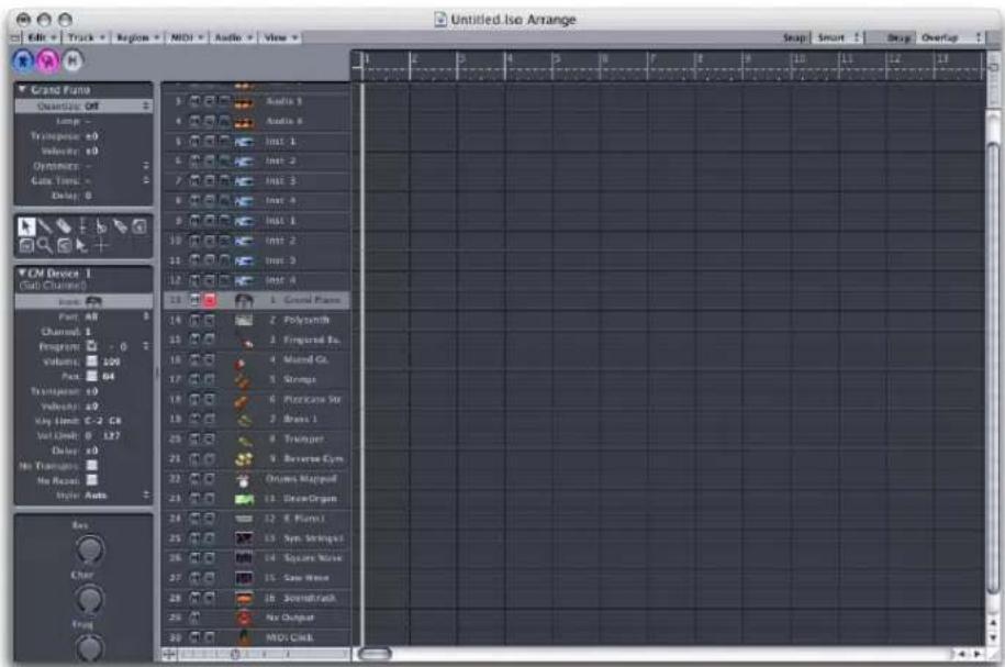 Untitled. lso Arrange Edit Track Region MDI Audio View Grand Flange Quantize Off Lamp - Transpase ±9 Velocity ±9 Dynamics - Gates Time - 5 Delay 0 OM Device 1 (GaJ Channels) Host: AR Channel 1 Program 1 - 6 Volumes 200 Pack 64 Transpase ±9 Velocity ±9 May Limit C-2 C8 Vol Limit 0 137 Delay ±9 No Transpases No Reset Style Auto Res Clear Temp Audio 1 Audio 8 Inst 1 Inst 2 Inst 3 Inst 4 Inst 1 Inst 2 Inst 3 Inst 4 1 Ground Planes 1 Polyamorph 2 Frigural Tr. 3 Mold Co. 4 Strings 5 Plassical Sky 6 Brass 1 8 Trapping 9 Reverse Eyes 10 Orbits Mapped 11 DrawOrgers 12 & Flume1 13 Syn Springs1 14 Square Wave 15 Save Wave 16 Soundbrush 17 No Outlier 18 MDI Click