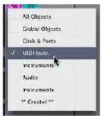 All Objects Global Objects Click & Ports ✓ MIDI Instr. Instruments Audio Instruments ** Createl **
