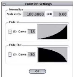 Function Settings Normalize Peak at (%): 100.0000 (dB) 0.00 Fade In... (S) Curve 18 Fade Out... (S) Curve -30 OK