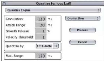 Quantize for loopLaiff Quantize Engine Craniolation: 120 ms Attack Range: 20 ms Smooth Release: 1 % Velocity Threshold: 1 Drums Slow Process Cancel Quantize by: 1/16-Note Max. Range: 150 ms