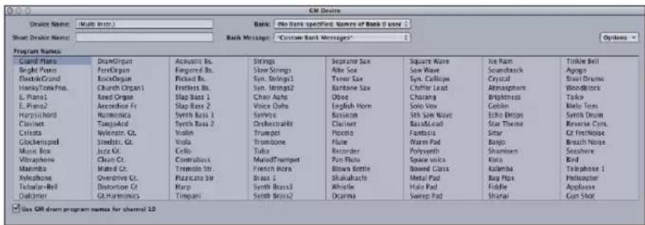 CM Device Device Name: Mall in tr. Back Non Bank specified Names of Back 0 user Back Message: Custom Back Messages: Options Program Names: Grand Piano Bright Piano BlackGrand HoneyTowFina. E Piano1 E Piano2 Horpschord Clavnet Ciclata Clockiensp#l Music Box Vibraphone Matamba Xylophone Tobular-Bell Dalcimer Use GM drum program names for channel 1.0 Draw Organ FoxOrgan RockOrgan Church Organ1 Reed Organ Arcorder Fe Halmonica TangliAcid Nylonzo, Gl. Steadstr, Gl. Jazz Gt. Clean Gt. Muted Cz. Overdrive Cz. Distortion Cz. GL Harmonics Achaic Rs. Fingered Rs. Pickel Bz. Fretless Rz. Slap Bass 1 Slap Bass 2 Syn. Smags2 Chair Acho Voice Oda Symbion Chrobustville Trumpet Trombone Tulsa MixedTrumpet French Hora Brass 1 Synth Bass 3 Synth Bass 2 Seprano Sax Alte Sax Tenor Sax Bantane Sax Obse English Horn Basson Clevent Pocola Flue Recorder Pan Flute Blown Bottle Shakulacha Whistle Daima Square Wave Saw Wave Syn. Callpipe Chitter Lead Chirang Solo Vox Silk Sow Wave Basslead Fantasia Warm Pad Polyphen Splice voices Bowed Class Metal Pad Hair Pad Sweep Pad Ice Rain Soundtrack Crystal Atmosphere Brightness Cotton Echo Droplet Star Theme Sitar Banjo Shamisen Kino Telephone 1 Helicopter Applausea Gun Shot