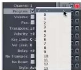 Channel: 1 Program: Volume: 0 Pan: 1 Transpose: 2 Velocity: 3 Key Limits: 4 Vel Limit: 5 Delay: 6 No Transpos: 7 No Reset: 8 Style: Auto: 9 10 11 12 13