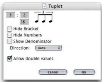 Tuplet 3 : 2 /8 Hide Bracket Hide Numbers Show Denominator Direction: Auto Allow double values Cancel OK
