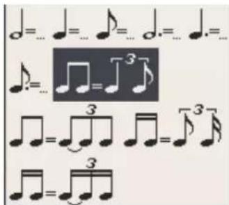 Musical notation with rhythmic patterns and a highlighted section showing three measures