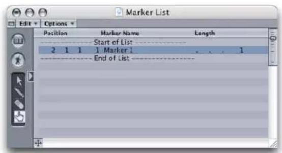 Marker List Edit Options + Position Marker Name Length Start of List 2 1 1 1 Marker 1 . . . 1 End of List