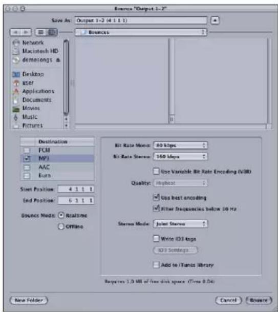 Source "Output 1-2" Save As: Output 1-2 (4 1 1 1) Bounces Network Macintosh HD demoings & Desktop user Applications Documents Movies Music Pictures Destination FCM MP3 AAC Burn Start Position: 4 1 1 1 End Position: 6 1 1 1 Bounce Mode: Realtime Offline Bit Rate Monos: 80 kbps Bit Rate Steruo: 160 kbps Use Variable Bit Rate Encoding (VIRI) Quality: Highest Use best encoding Filter Frequencies below 10 Hz Stereo Mode: Joint Steruo Write ID3 tags ID3 Settings Add to (Trans Library) Requires 3.0 MB of free disk space (Time 0.04) New Folder Cancel Browse