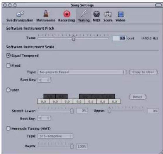 Song Settings Synchronization Matronome Recording Tuning MIDI Score Video Software Instrument Pitch Tune: 0.0 cent (440.0 Hz) Software Instrument Scale Equal Tempered Fixed Type: No presets found Copy to User Root Key: C User 9.8 9.7 9.6 9.5 9.4 9.3 0.0 0.0 0.0 0.0 0.0 0.0 Reset Stretch Lower: 0% Upper: 3% Root Key: C Hermode Tuning (HMT) Type: 3/5-24caprive Depth: 100%