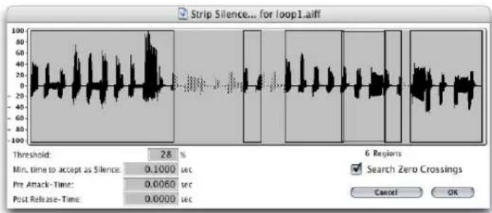 Strip Silence... for loop1.aiff Threshold: 28 % Min. time to accept as Silence: 0.1000 sec Pre Attack-Time: 0.0060 sec Post Release-Time: 0.0000 sec Search Zero Crossings Cancel OK