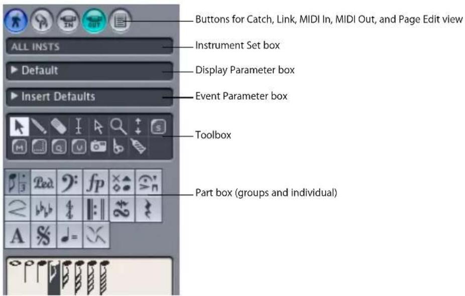 Buttons for Catch, Link, MIDI In, MIDI Out, and Page Edit view Instrument Set box Default Display Parameter box Event Parameter box Toolbox Part box (groups and individual)