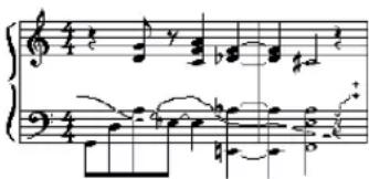 Musical score snippet with treble and bass clefs, showing notes, rests, and articulation marks
