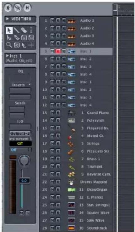 MIDI THRU 1 Audio 1 2 Audio 2 3 Audio 3 4 Audio 4 5 Inst 1 6 Inst 2 7 Inst 3 8 Inst 4 9 Inst 1 10 Inst 2 11 Inst 3 12 Inst 4 13 Grand Piano 14 Polysynth 15 Flageded Bs. 16 Mated Gl. 17 Strings 18 Pizzlicato Su 19 Braiss 1 20 Trumpet 21 Reverse Cym. 22 Drums Mapped 23 Disw/Organ 24 E. Piano1 25 Syn. Strings1 26 Square Wave 27 Saw Wave 28 Soundtrack