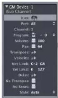 GM Device: 1 (Sub Channel) Icon: Port: All Channel: 1 Programs: - 0 Volume: 100 Port: 64 Transpose: ±0 Velocity: ±0 Key Limit: C-2 C8 Vel Limit: 0 127 Delay: ±0 No Transpose: No Reset: Style: Auto