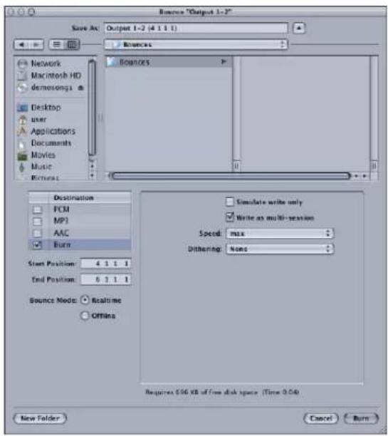 Source "Output 1-2" Save As: Output 1-2 (4 1 1 1) Bounces Network Macintosh HD demonings Desktop user Applications Documents Movies Music Forest Bounces Destination FCM MP3 AAC Burn Start Position: 4 1 1 1 End Position: 6 3 1 1 Source Mode: Realtime Offins Simulate write only Write as multi-session Speed: max Dithering: none Requires $56 KB of free disk space (Time 0.04) New Folder Cancel Burn