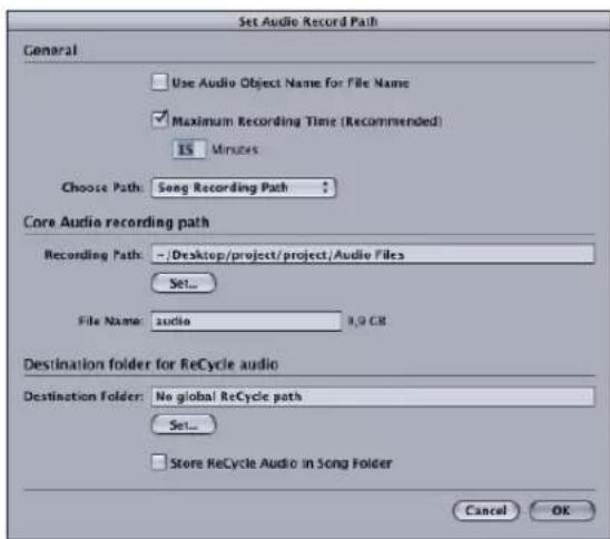 Set Audio Record Path General Use Audio Object Name for File Name Maximum Recording Time (Recommended) 15 Minutes Choose Path: Song Recording Path Core Audio recording path Recording Path: - /Desktop/project/project/Audio Files Set... File Name: audio 8.0 CB Destination folder for ReCycle audio Destination Folder: No global ReCycle path Set... Store ReCycle Audio in Song Folder Cancel OK