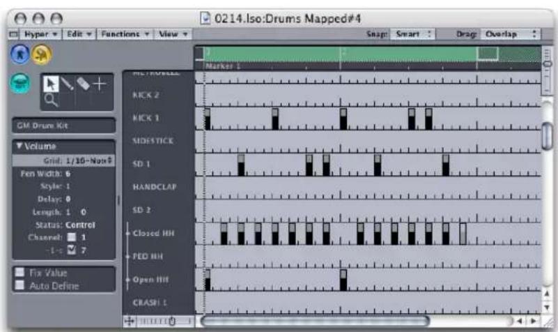 0214. Iso:Drums Mapped#4 Hyper Edit Functions View Snap Smart Drag Overlap GM Drum Kit Volume Grid: 1/16-Note? Pen Width: 6 Style: 1 Delay: 0 Length: 1 0 Status: Control Channel: 1 -1-5 7 Fix Value Auto Define Marker 1 KICK 2 KICK 1 SIDESTICK SD 1 HANDCLAP SD 2 + Closed HH + PED HH + Open HH CRASH 1