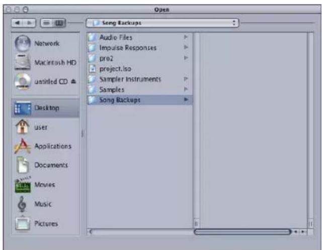 Open Song Backups Audio Files Impulse Responses pro2 project.lso Sampler Instruments Samples Song Backups Network Macintosh HD untitled CD Desktop user Applications Documents Movies Music Pictures