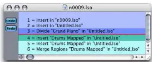 1 = Insert in "n0009.Iso" 2 = Insert in "Untitled.Iso" 3 = Divide "Grand Piano" in "Untitled.Iso" 4 = Insert "Drums Mapped" in "Untitled.Iso" 5 = Insert "Drums Mapped" in "Untitled.Iso" 6 = Merge Regions "Drums Mapped" in "Untitled.Iso"