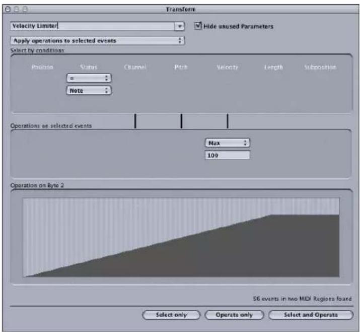 Transform Velocity Limiter Apply operations to selected events Hide unused Parameters Select by conditions Position Status Channel Pitch Velocity Length Subposition = Note Operations on selected events Max 100 Operation on Byte 2 56 events in two MIDI Regions found Select only Operate only Select and Operate