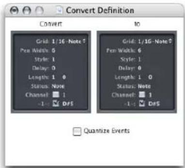 Convert Definition Grid: 1/16 -Note ↑ Pen Width: 0 Style: 1 Delay: 0 Length: 1 0 Status: Note Channel: ■ 1 -1 : ✓ D#S Grid: 1/16 -Note ↑ Pen Width: 0 Style: 1 Delay: 0 Length: 1 0 Status: Note Channel: ■ 1 -1 : ✓ D#S Quantize Events