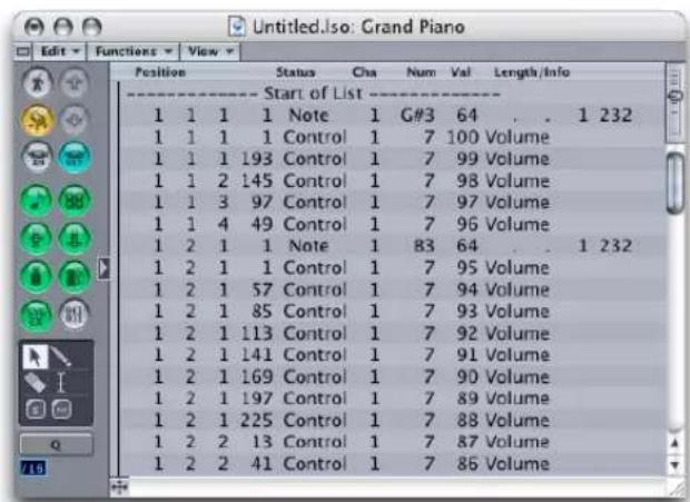 Untitled.Iso: Grand Piano Edit > Functions > View Position Status Cha Num Val Length/Info -------- Start of List ---- 1 1 1 1 Note 1 G#3 64 . . 1 232 1 1 1 1 Control 1 7 100 Volume 1 1 1 193 Control 1 7 99 Volume 1 1 2 145 Control 1 7 98 Volume 1 1 3 97 Control 1 7 97 Volume 1 1 4 49 Control 1 7 96 Volume 1 2 1 1 Note 1 83 64 . . 1 232 1 2 1 1 Control 1 7 95 Volume 1 2 1 57 Control 1 7 94 Volume 1 2 1 85 Control 1 7 93 Volume 1 2 1 113 Control 1 7 92 Volume 1 2 1 141 Control 1 7 91 Volume 1 2 1 169 Control 1 7 90 Volume 1 2 1 197 Control 1 7 89 Volume 1 2 1 225 Control 1 7 88 Volume 1 2 2 13 Control 1 7 87 Volume 1 2 2 41 Control 1 7 86 Volume