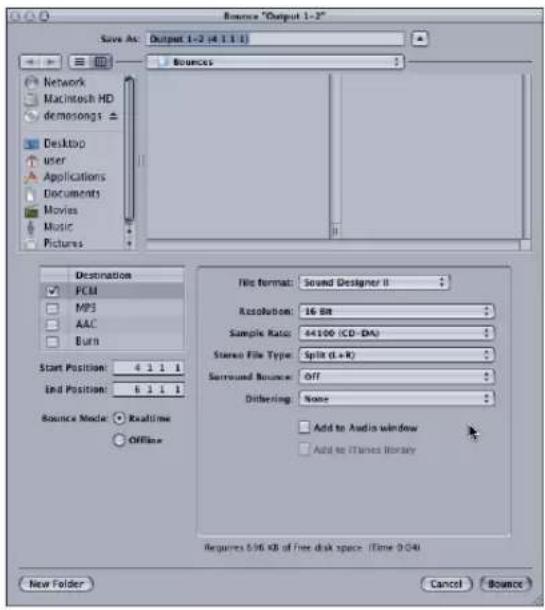 Source "Output 1-2" Save As: Output 1-2 (4.1.1.1) Bounces Network Macintosh HD demosongs Desktop user Applications Documents Movies Music Pictures Destination PCM MP3 AAC Burn Start Position: 4 1 1 1 End Position: 6 1 1 1 Source Mode: Realtime Offline File format: Sound Designer II Resolution: 16 Bit Sample Ratio: 44100 (CD-DA) Stereo File Type: Split (L+K) Surround Bounce: Off Dithering: None Add to Audio window Add to iTunes Library Requires 5.96 KB of Free disk space (Time 0:04) New Folder: Cancel Bounce