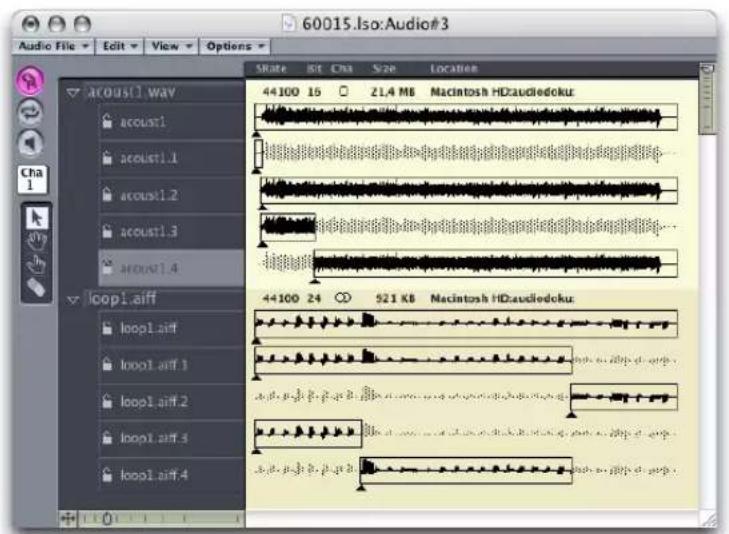 60015.lso:Audio#3 Audio File Edit View Options Skate 8t Cna Size Locaten acoust1.wav acoust1 acoust1.1 acoust1.2 acoust1.3 acoust1.4 loop1.aiff loop1.aiff loop1.aiff 1 loop1.aiff 2 loop1.aiff 3 loop1.aiff 4 44100 16 ZL4 MB Macintosh HDaudiedoku 44100 24 921 KB Macintosh HDaudiedoku