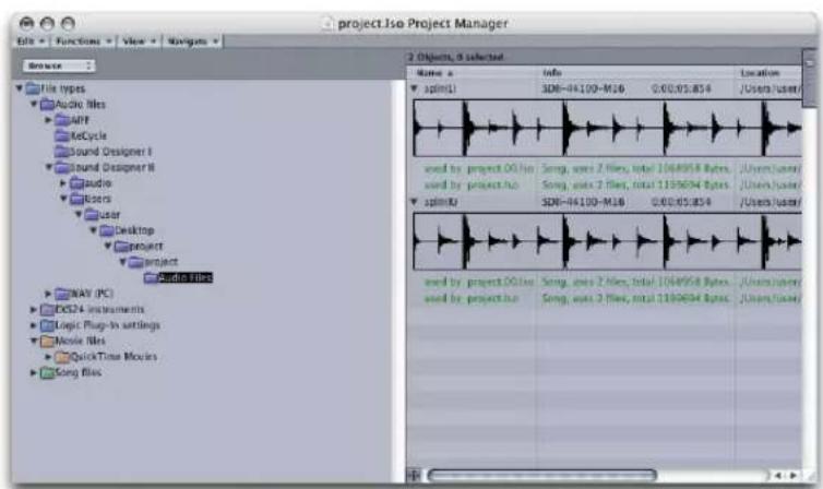 project.lso Project Manager File > Functions > View > Navigues Browse 2 Objects, 8 selected Name: info apipl(1) SDN-44100-M16 0.00.05.854 Location used by: project.00 fish used by: project.ho SDN-44100-M16 0.00.05.854 /Users/user/ used by: project.00 fish used by: project.ho Song, uses 2 files, total 1064958 Bytes /Users/user/ Song, uses 2 files, total 1180694 Bytes /Users/user/ Song, uses 2 files, total 1180694 Bytes /Users/user/ Project Files NAY (PC) DS24 instruments Logic Plug-In settings Movie files QuickTime Movies Song files