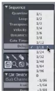 Sequence Quantize: 1/1 Loop: 1/2 Transpose: 1/3 Velocity: 1/4 Dynamics: 1/6 Gate Time: 1/8 Delay: 1/12 GM Device Sub Channel: -1/96 Icon: -1/64 Color: -1/48