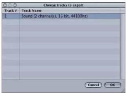 Choose tracks to export Track # Track Name 1 Sound (2 channel(s), 16 bit, 44100hz) Cancel OK