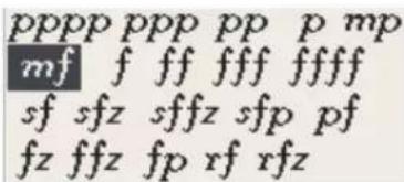 pppp ppp pp p mp mf f ff fff ffff sf sfz sffz sfp pf fz ffz fp rf rfz