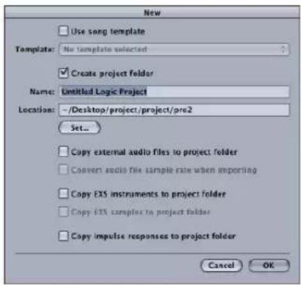 New Use song template Template: No template selected Create project Folder Name: Untitled Logic Project Location: ~/Desktop/project/project/pre2 Set... Copy external audio files to project folder Convert audio file sample rate when importing Copy EXS instruments to project folder Copy EXS samples to project folder Copy impulse responses to project folder Cancel OK