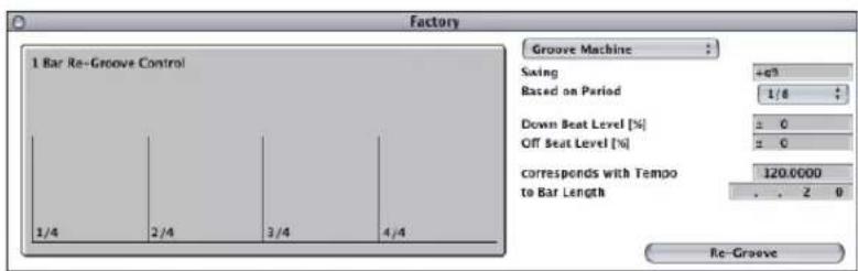 Factory 1 Bar Re-Groove Control Groove Machine Sitting +0% Based on Period 1/8 Down Seat Level [%] ± 0 Off Seat Level [%] ± 0 corresponds with Tempo 120.0000 to Bar Length . . 2 0 Re-Groove