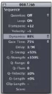 0087.1so Sequence Quantize: Off Loop: ON Transpose: +12 Velocity: -5 Dynamics: 88% Gate Time: 75% Delay: 1/96 Q-Swamp: +50% Q-Strength: +100% Q-Range: 0 Q-Flame: 0 Q-Velocity: ±0% Q-Length: ±0% Clip Length: - Score: