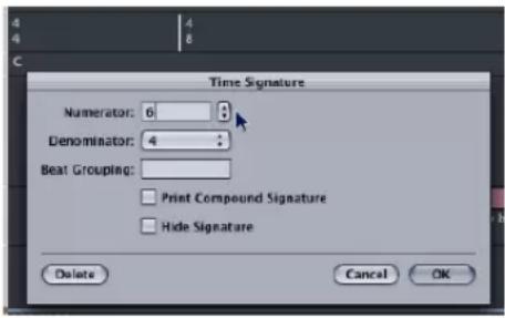 Time Signature Numerator: 6 Denominator: 4 Beat Grouping: Print Compound Signature Hide Signature Delete Cancel OK