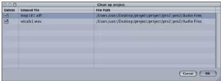 Clean up project Delete Unused file File Path ✓-loop1#1.aift /Users/user/Desktop/project/project/pro2/pro2/Audio Files ✓vocals1.wav /Users/user/Desktop/project/project/pro2/pro2/Audio Files Cancel OK