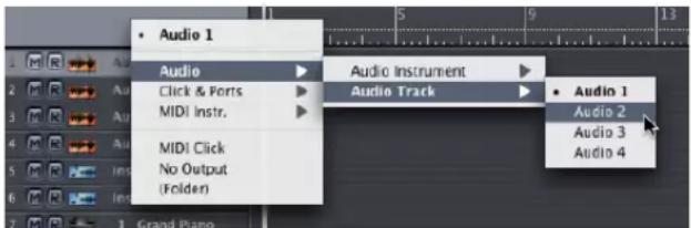 Audio 1 Audio Click & Ports MIDI Instr. MIDI Click No Output (Folder) Audio Instrument Audio Track Audio 1 Audio 2 Audio 3 Audio 4