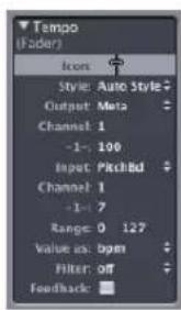 Tempo (Under) Icons Style: Auto Style Output: Meta Channel: 1 -1: 100 Input: PitchBd Channel: 1 -1: 7 Range: 0 127 Value as: bpm Filter: off Feedback:
