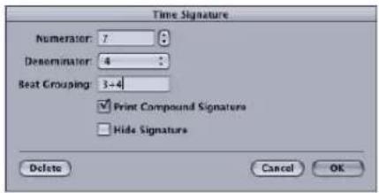 Time Signature Numerator: 7 Denominator: 4 Beat Grouping: 3+4 ✓ Print Compound Signatures ☐ Hide Signature Delete Cancel OK