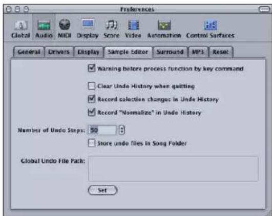 Preferences Global Audio MIDI Display Score Video Automation Control Surfaces General Drivers Display Sample Editor Surround MPS Reset Warning before process function by key command Clear Undo History when quitting Record selection changes in Undo History Record "Normalize" in Undo History Number of Undo Steps: 50 Store undo files in Song Folder Global Undo File Path: Set